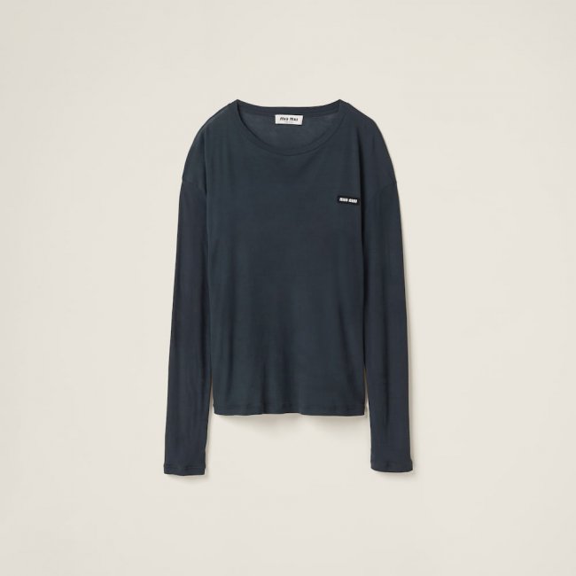 Miu Miu Long-sleeved garment-dyed ribbed knit jersey T-shirt Black Miu Miu Long-sleeved garment-dyed ribbed knit jersey T-shirt Black