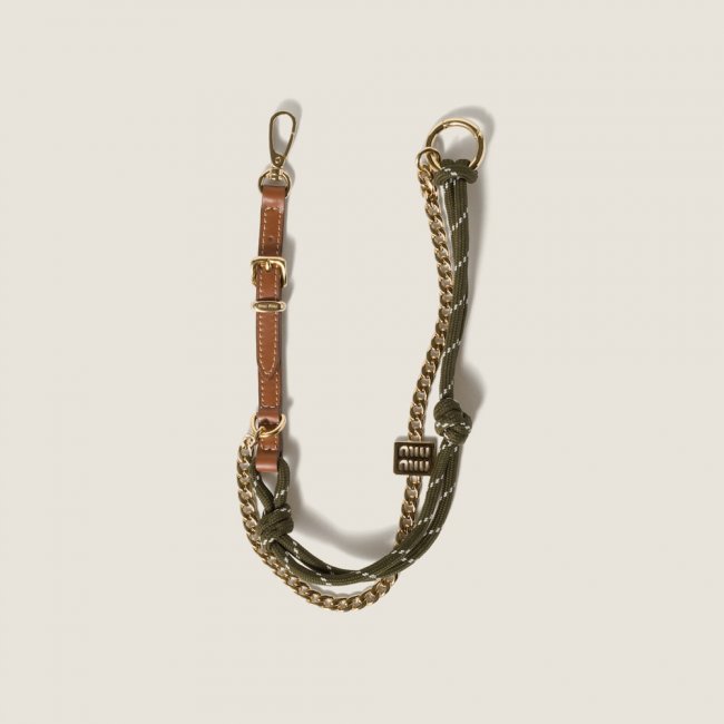 Miu Miu Leather, cord and metal trick keyring - Cognac/Forest Green Miu Miu Leather, cord and metal trick keyring - Cognac/Forest Green